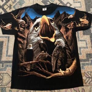 Vintage 1990s Big Face Eagle AOP Print T Shirt Mens Large Nature Animal Tee